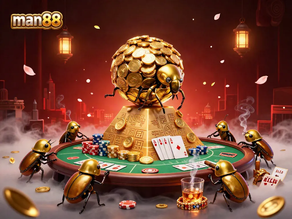 Experience the thrilling world of man88 with a gold coin rolling scene depicting vibrant poker action.