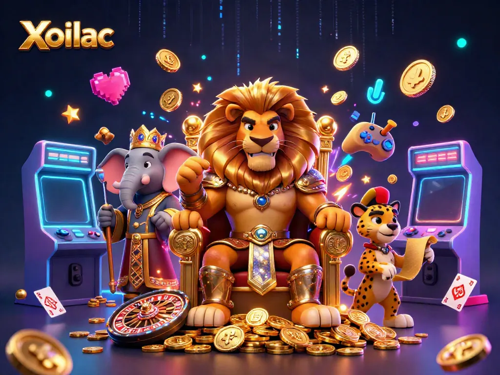 Xoilac sports betting scene with a lion king and casino games, showcasing vibrant energy.