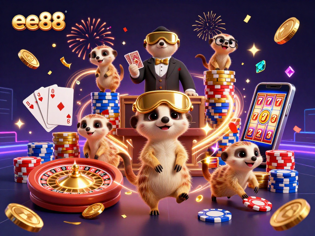 ee88 meerkats managing a vibrant casino with slots and tables, bursting with coins and excitement.