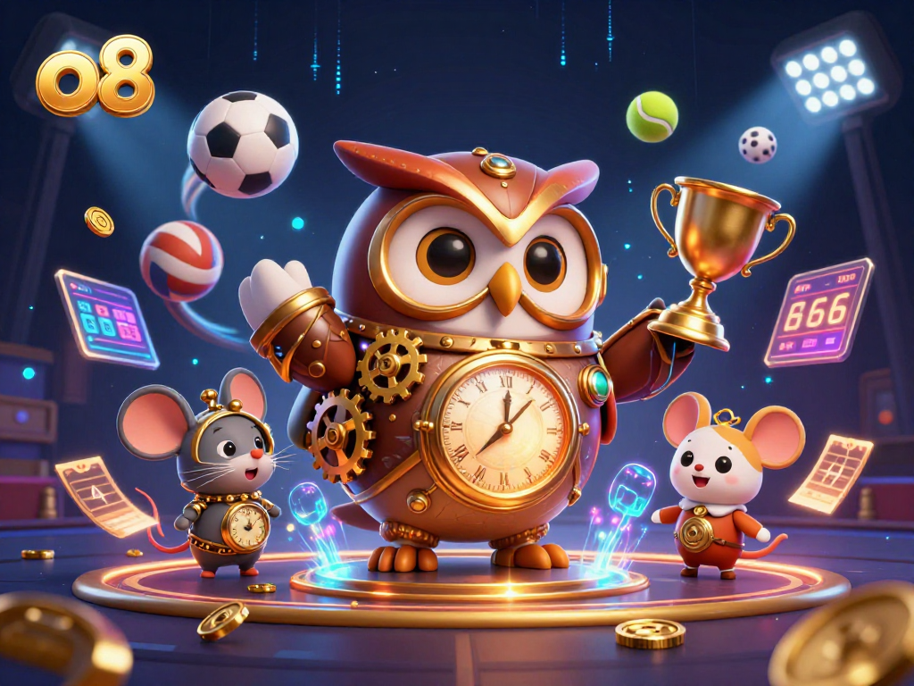 Engage with the vibrant world of o8, featuring a cartoon owl and dynamic sports elements for online gaming.