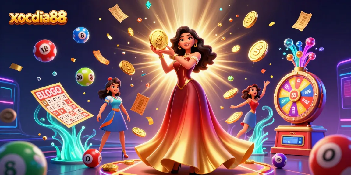 Xocdia88 showcases an Asian woman in a gradient gown holding a golden coin amidst colorful lottery elements.