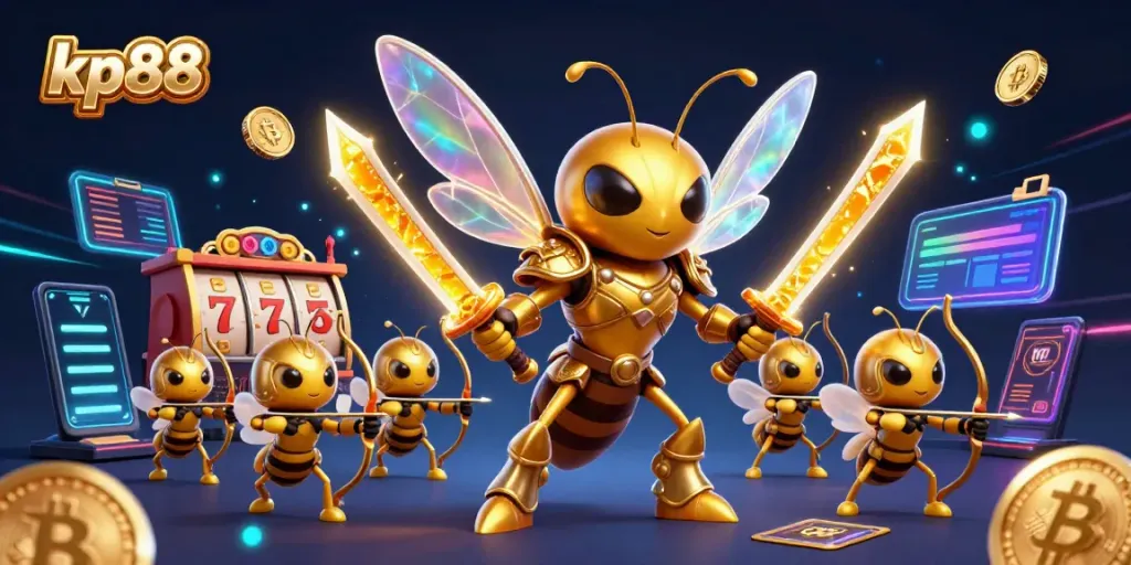 Engage in exciting games at kp88 with 3D illustrated characters exploring thrilling slot and jackpot elements.