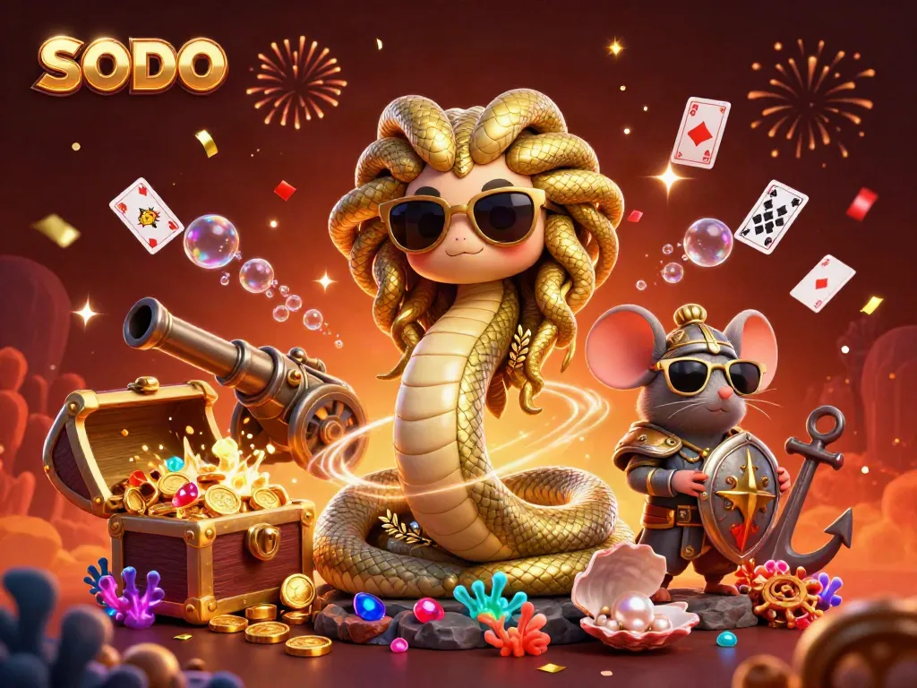 SODO themed illustration of Medusa and a warrior mouse with casino elements among gold coins and gems