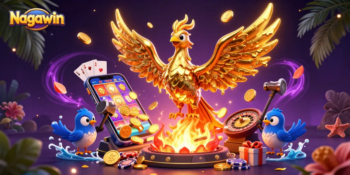 Nagawin features a molten golden phoenix amidst vibrant casino elements, embodying epic gaming action.