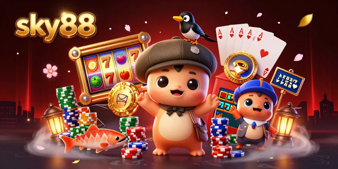Experience thrilling gaming action with sky88's vibrant slot reels in a colorful 3D illustration.