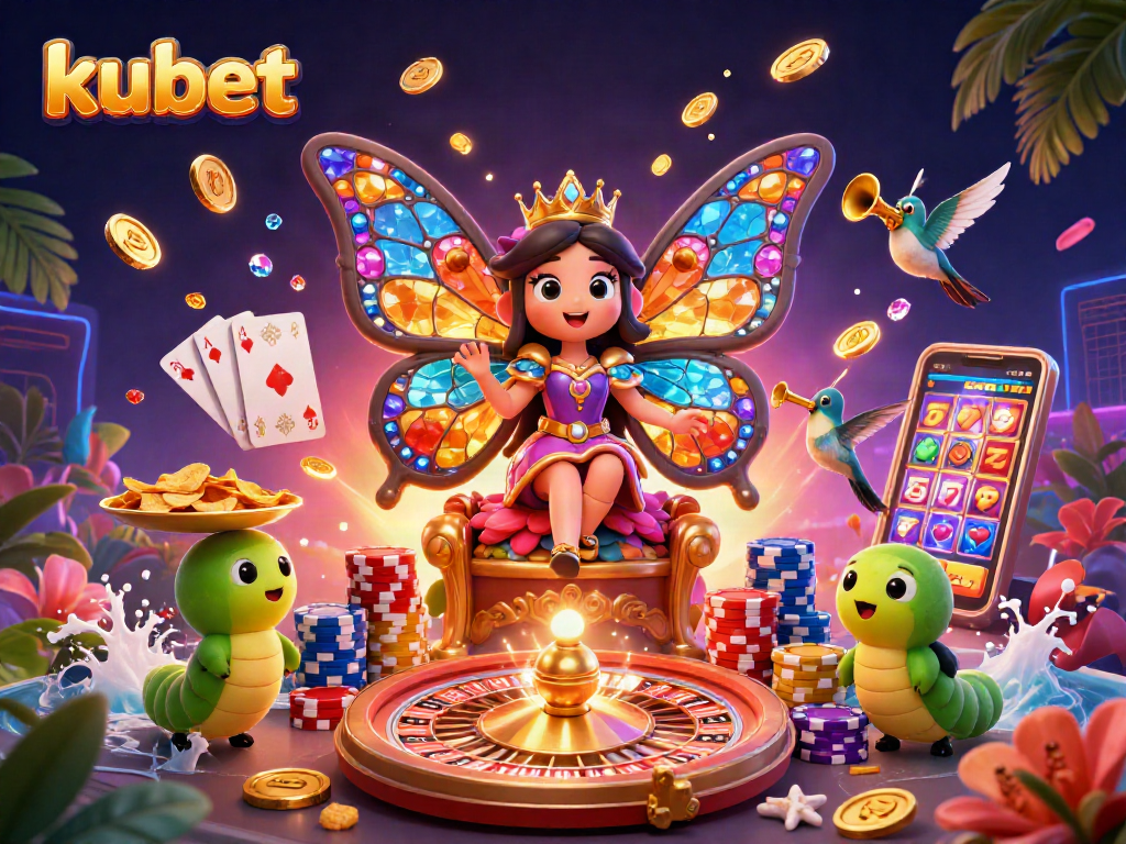 Kubet casino illustration with vibrant characters, coins, and a roulette wheel creating a rich gambling atmosphere.