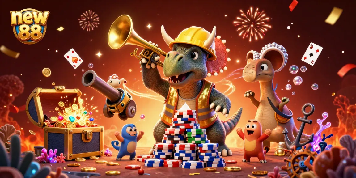 Get ready to enjoy the thrill of new88 with epic poker chip building by a triceratops!