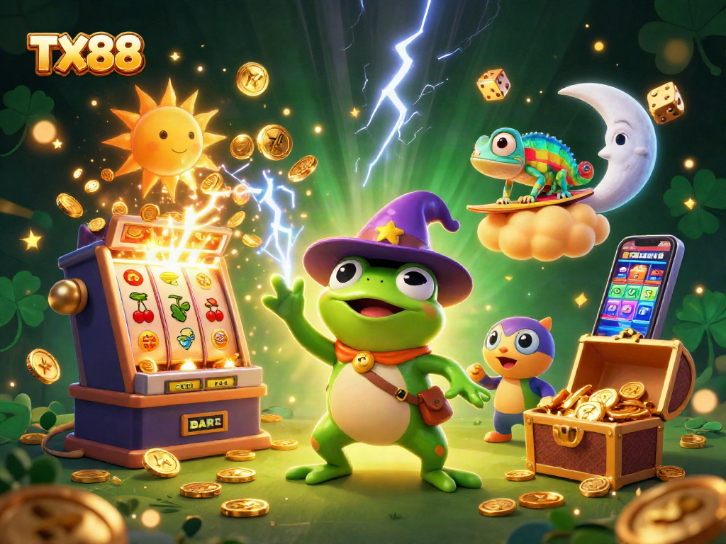 TX88 showcases exciting casino elements with a gold coin storm and vibrant characters.