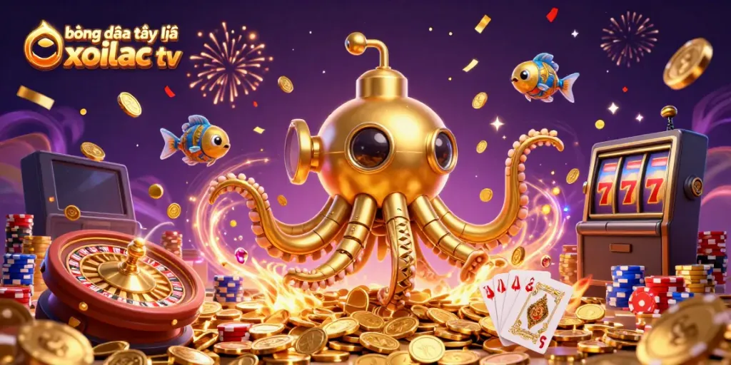 Enjoy bóng đá trực tuyến xoilac tv as the golden kraken submarine emerges through coins in this vibrant 3D illustration.