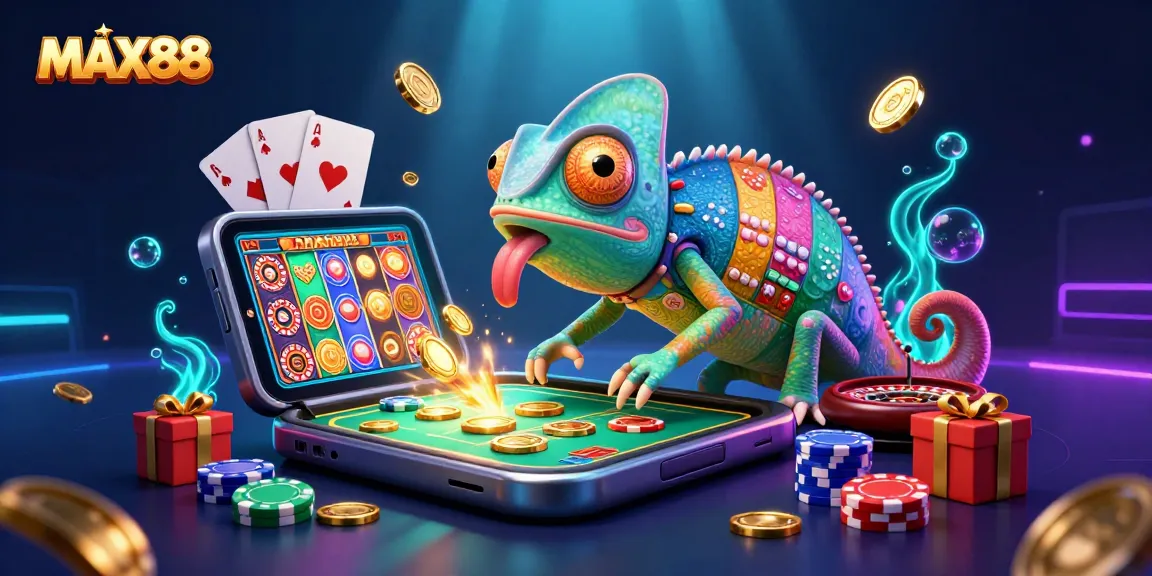 MAX88 brings excitement with its vibrant casino scene featuring a colorful chameleon and gaming elements.