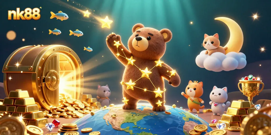 Experience the excitement of nk88 with the celestial bear reaching for coins amid sparkling treasures.