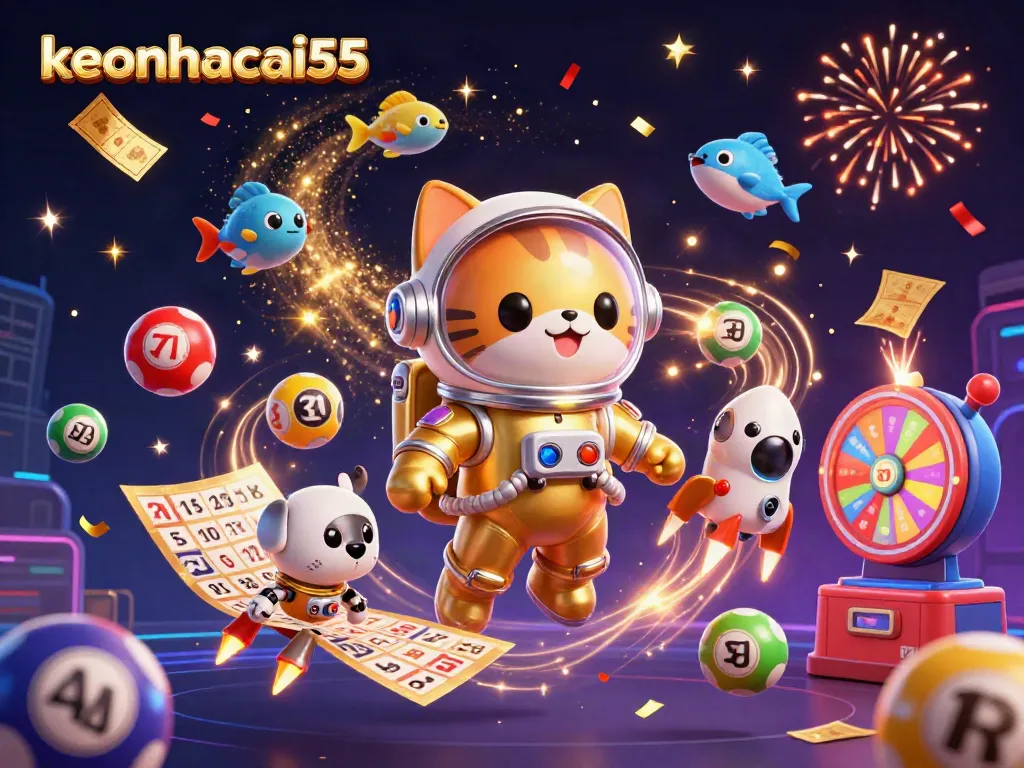 Join the excitement of keonhacai55 with vibrant lottery balls and animated Casino elements.