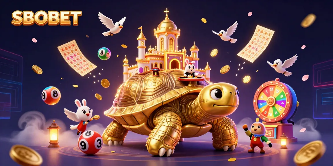 SBOBET offers thrilling lottery-themed illustrations with golden tortoise, dealers, and vibrant game elements.