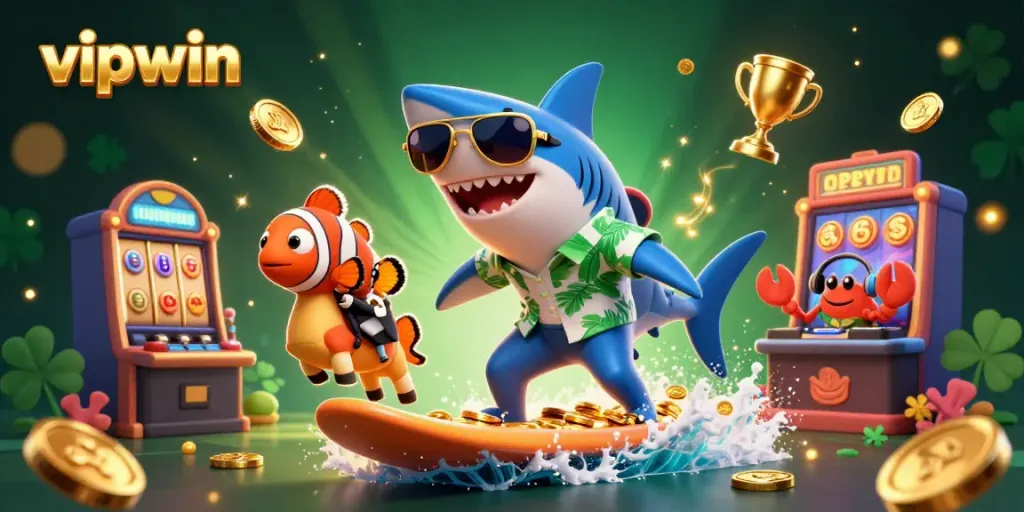 Experience thrilling gaming with vipwin in this vibrant 3D illustration featuring a surf party of casino characters.