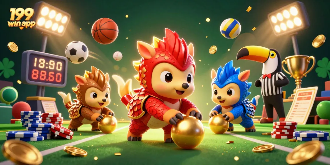 Bet on your luck with the 199win app featuring playful pangolins and exciting sports elements.
