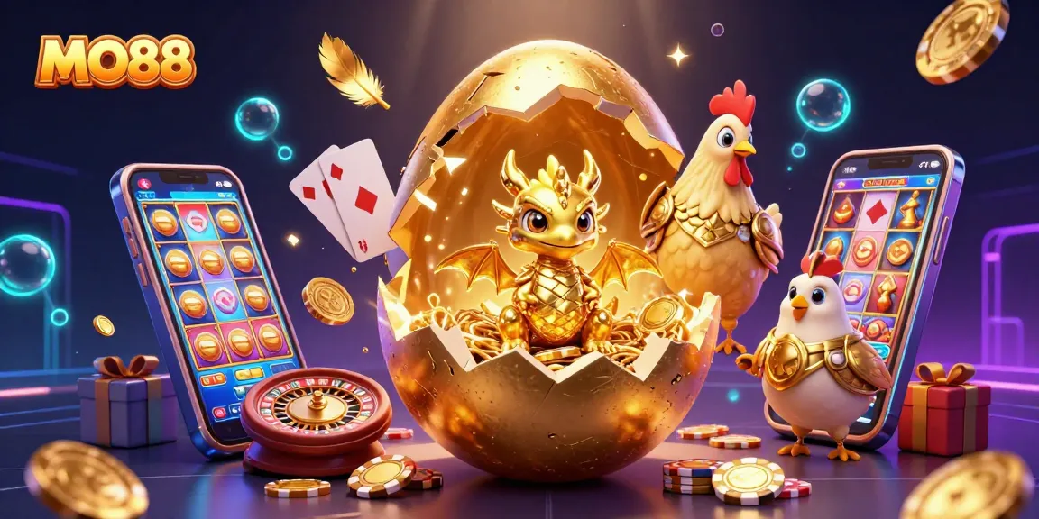 Experience the MO88 interactive casino scene with a golden baby dragon and poker chips.