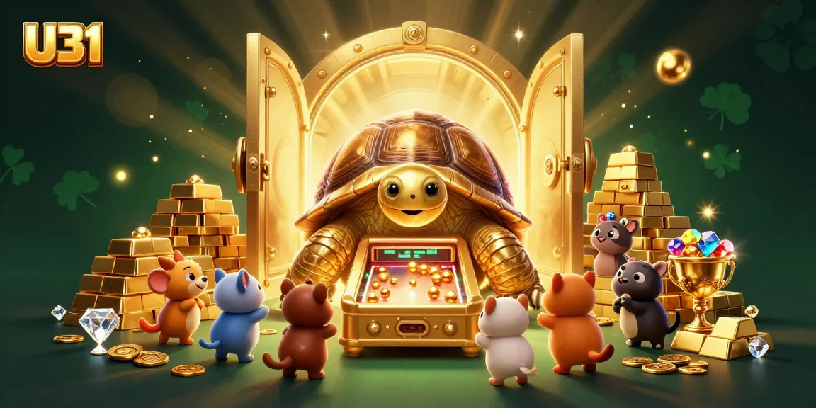 Experience the excitement of U31 with a golden tortoise machine and vibrant treasures in this casino-themed illustration.