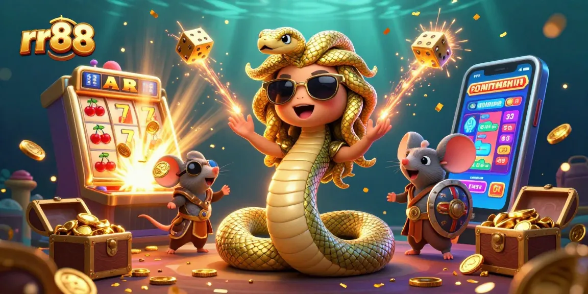 Engage with thrilling rr88 casino action featuring Medusa and a warrior mouse amidst vibrant slot machines and dazzling prizes.