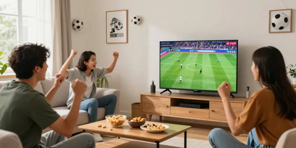 Socolive streaming football match in a lively living room with friends cheering.