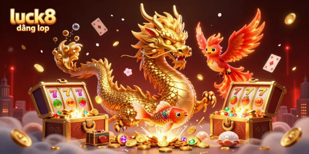 Engage with luck8 đăng nhập through an exciting scene featuring a golden dragon, phoenix, and koi in a vibrant casino environment.
