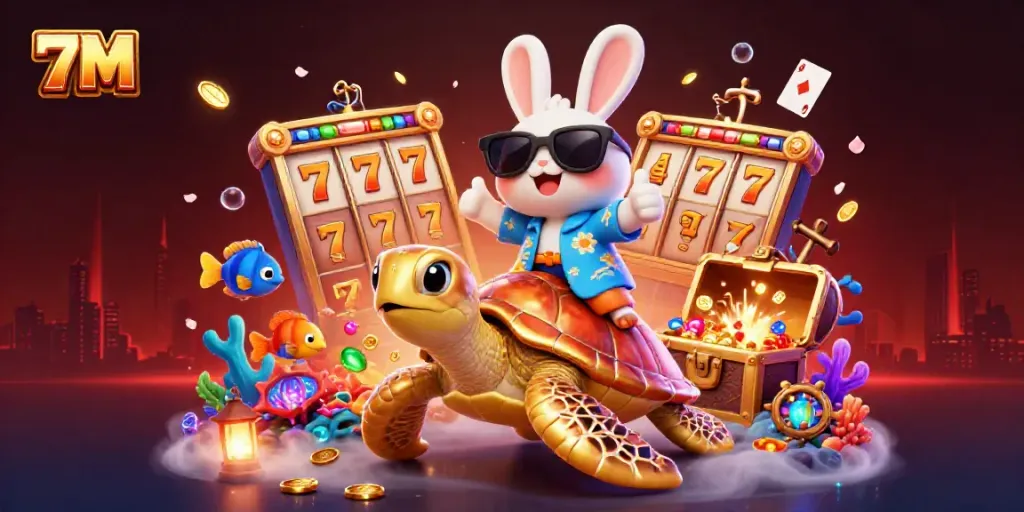 Experience thrilling 7M casino action with lucky rabbit and golden turtle in vibrant 3D illustration.