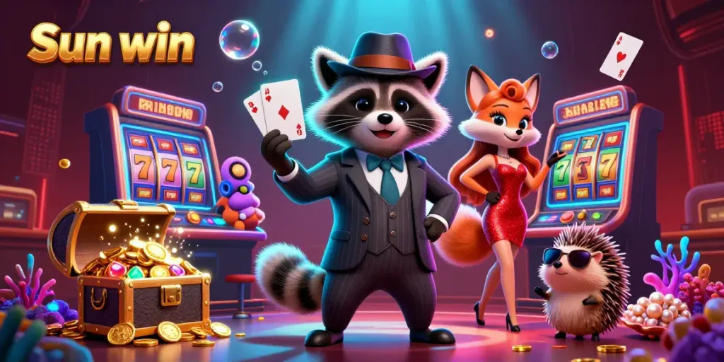 Engage with Sun win at a vibrant casino scene featuring a raccoon, fox, and hedgehog surrounded by dazzling slot machines, depicting exciting moments of gaming.