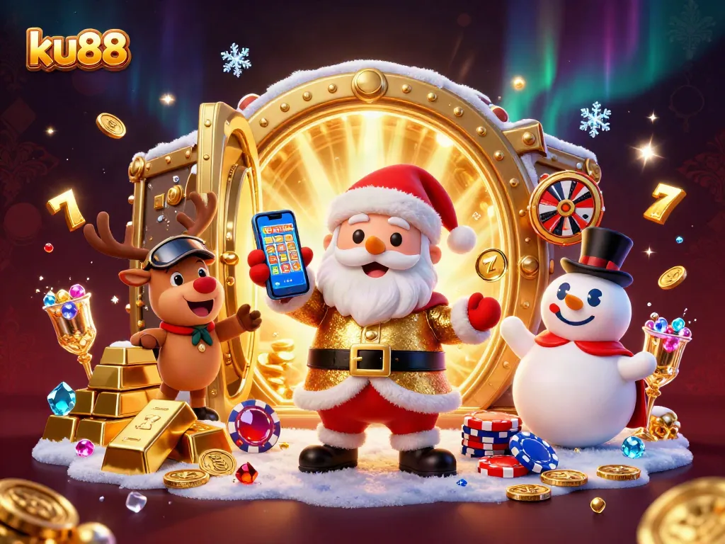 Experience jackpot thrills with ku88 in a vibrant casino scene featuring Santa and friends.