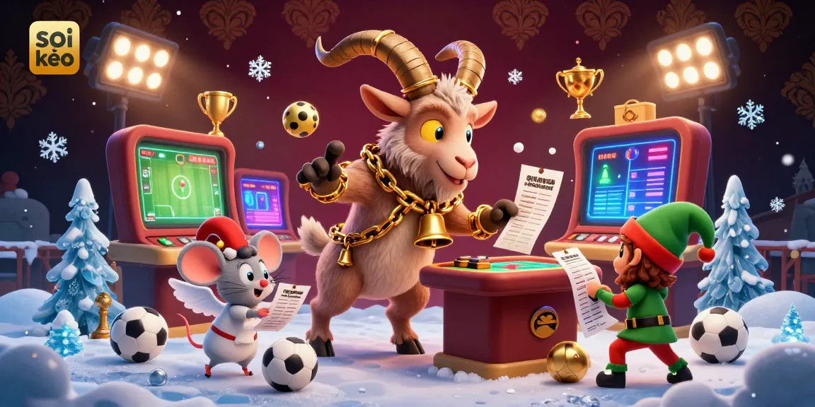 Soi kèo at an exciting sports betting casino with festive Krampus, angel mouse, and playful gremlins