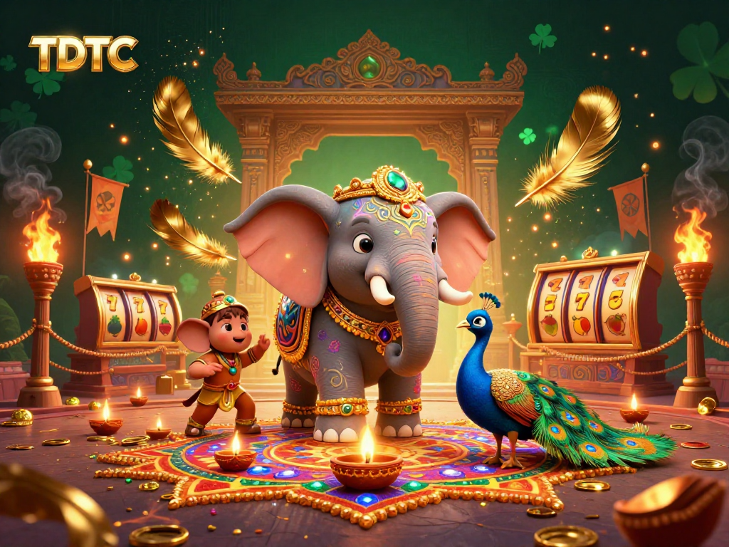 Engage in the vibrant TDTC casino scene featuring colorful characters, festive decorations, and dynamic game elements.