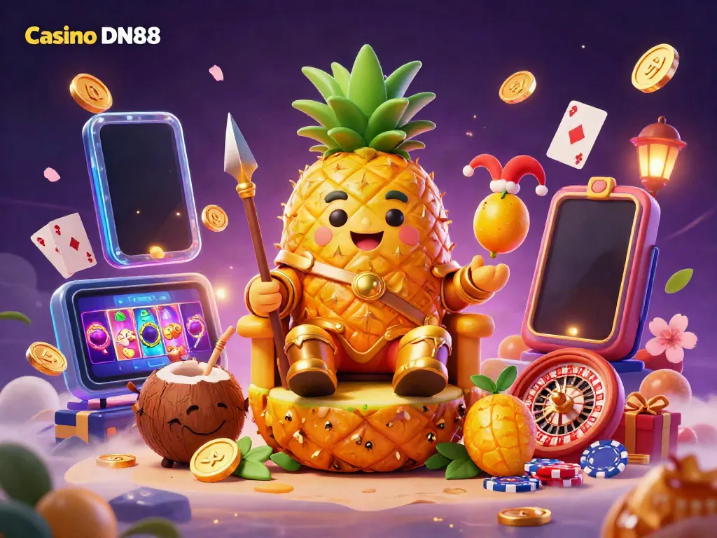 Experience the lively Casino DN88 scene with a golden pineapple king and casino games bursting with excitement.
