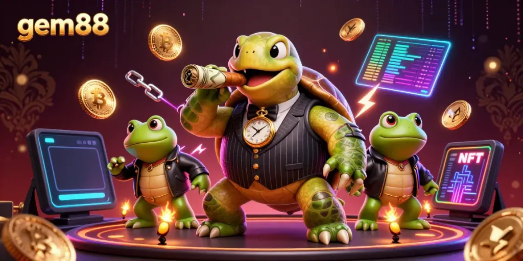 Experience the dynamic gem88 casino scene with giant characters and vibrant game elements.