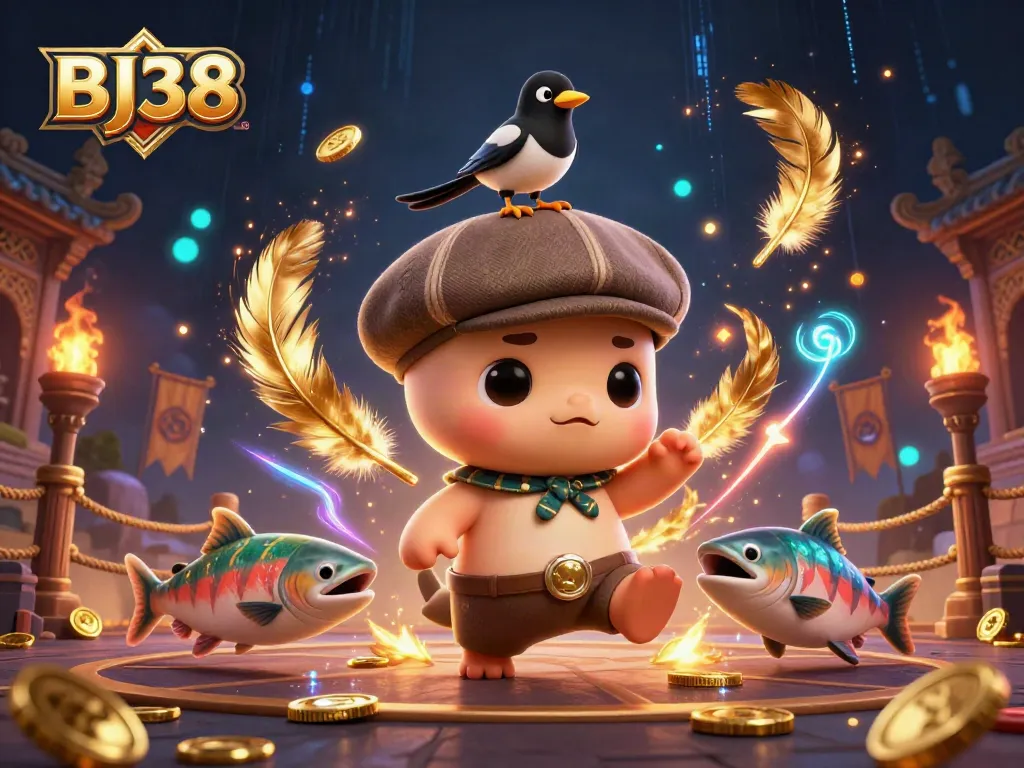 Spin the reels with BJ38's vibrant casino adventure featuring cartoon characters and gold!