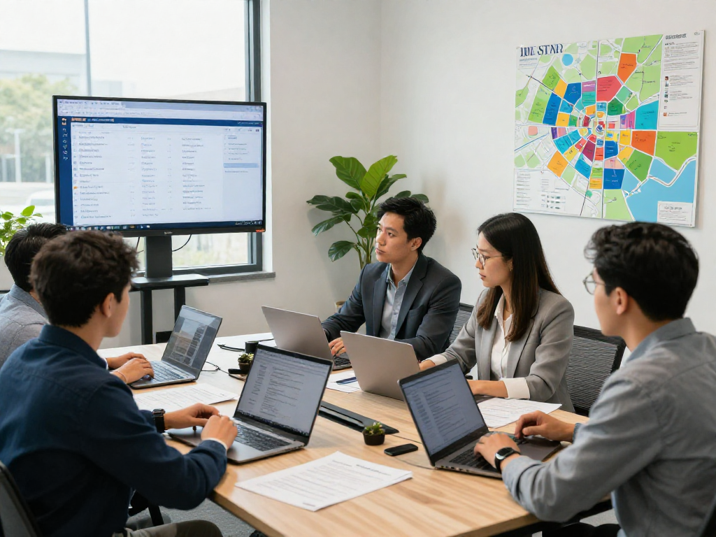 Real estate agents discussing strategies with IDXSTAR software on display in a collaborative office setting.