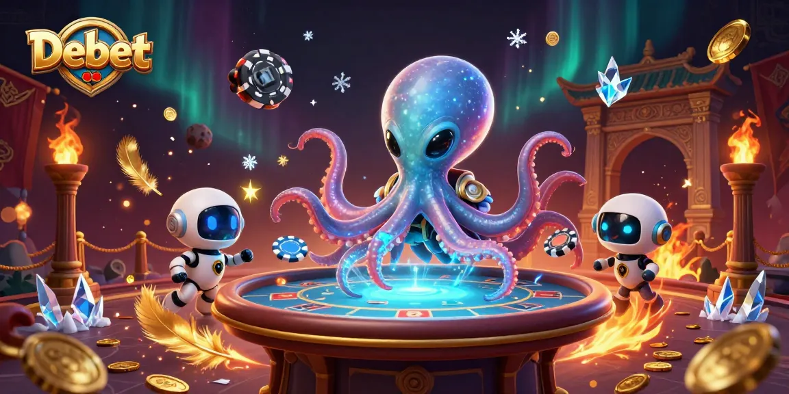 Engage in thrilling gaming with Debet at a cosmic poker showdown featuring vibrant characters.