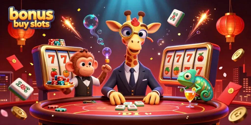 Experience the thrill of bonus buy slots with vibrant characters and dynamic casino elements in a stunning illustration.