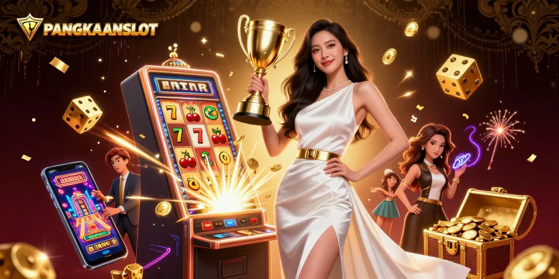 PANGKALANSLOT features a victorious woman in a lavish gown among a dynamic casino scene filled with slot machine treasures.