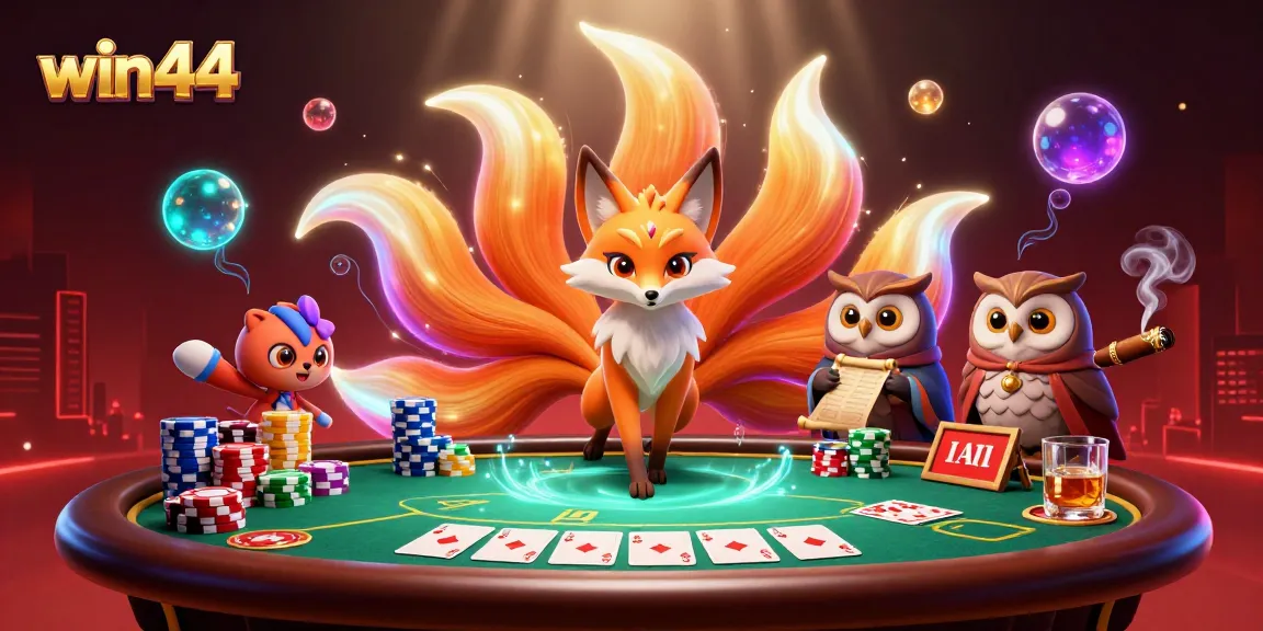 Engage with win44 in a vibrant casino scene featuring a glowing fox spirit and poker elements.