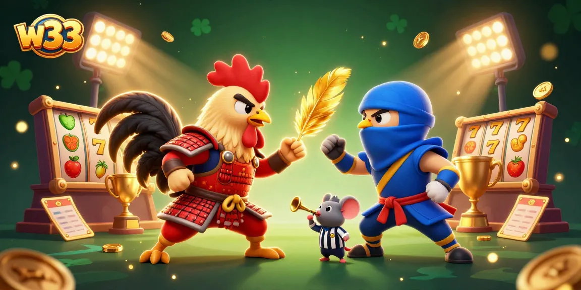 Experience thrilling moments at w33 Casino with action-packed rooster standoffs and game elements.