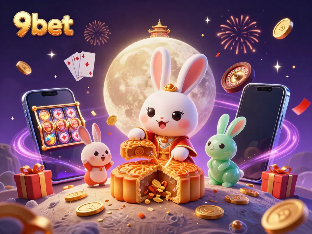 Experience thrilling gaming with 9bet as a moon rabbit reveals poker chips, surrounded by casino elements.