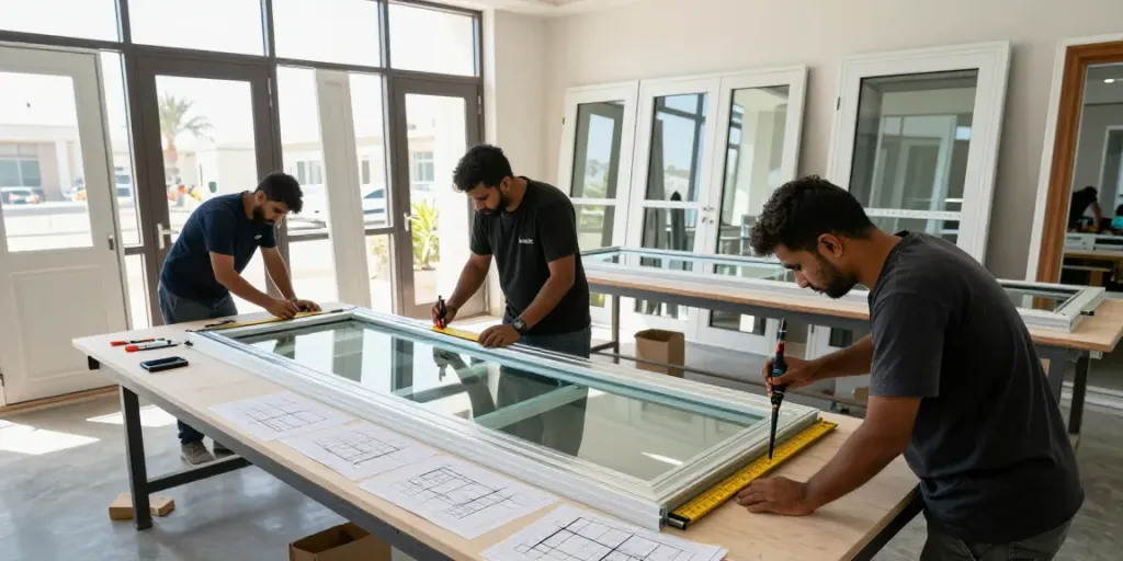 Aluminium and glass work across UAE, Fujairah, Kalba, showcasing skilled craftsmen in a modern workshop.