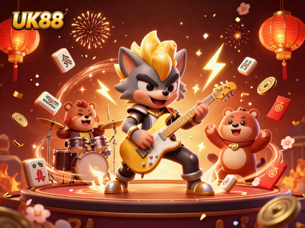 Experience the vibrant UK88 casino scene with a rock star wolf and drummer bear amidst dynamic festivities.