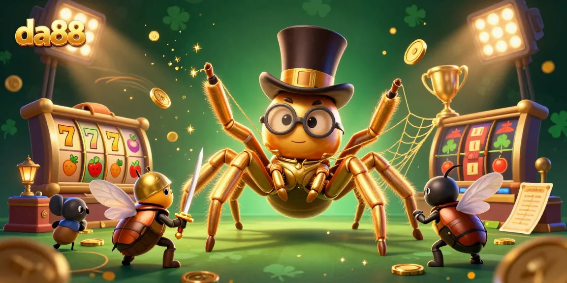 da88 enhances excitement with a golden tarantula and a brave beetle knight in a casino-themed illustration.
