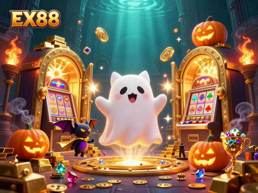 Engage with EX88's vibrant casino artwork featuring unique characters and riches, perfect for gamers.
