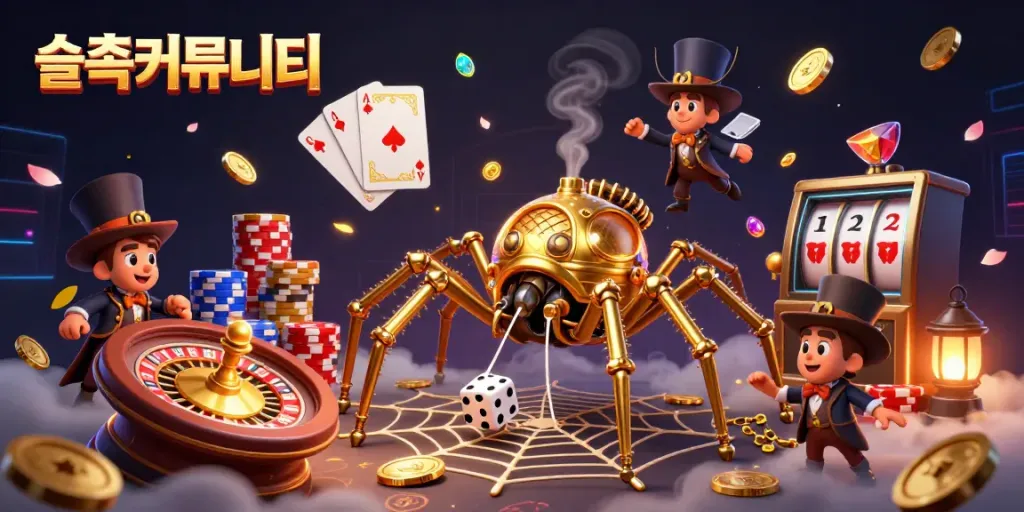 Spin the fortunes in the 슬롯커뮤니티 with golden spider and vibrant casino elements.