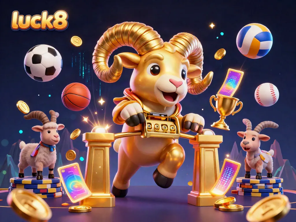 Luck8 platform showcasing thrilling betting action with golden ram and sports elements in a dynamic casino scene.