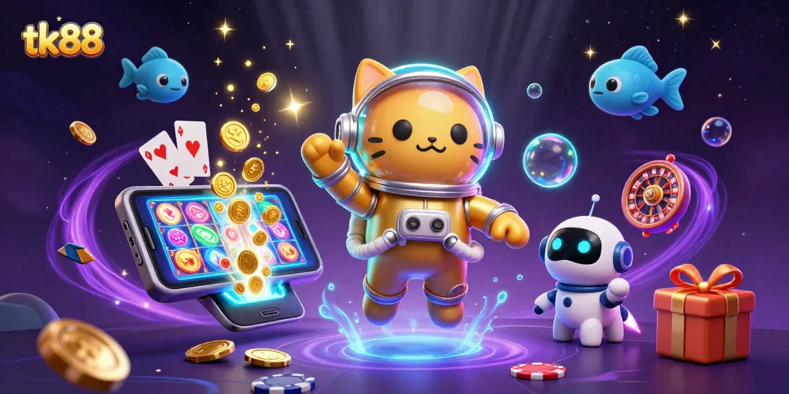 Experience thrilling gaming with tk88 in a vibrant 3D casino scene featuring exciting slot elements and characters.