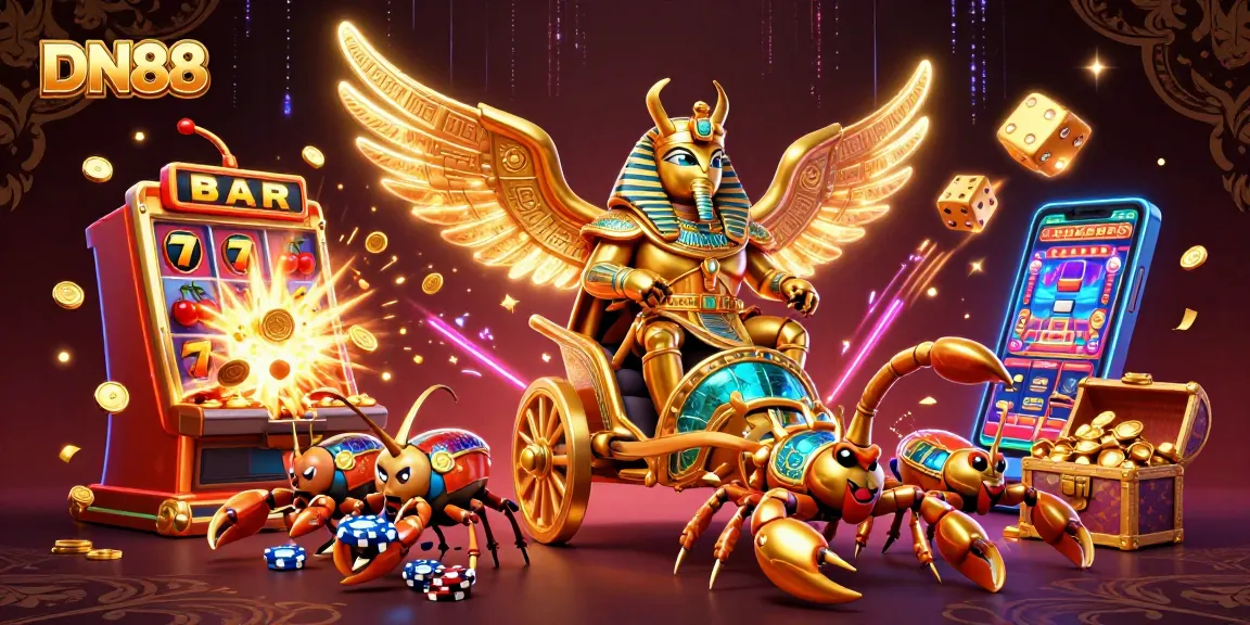 Experience the thrilling gameplay at DN88 with colossal golden scarab and vibrant casino elements.