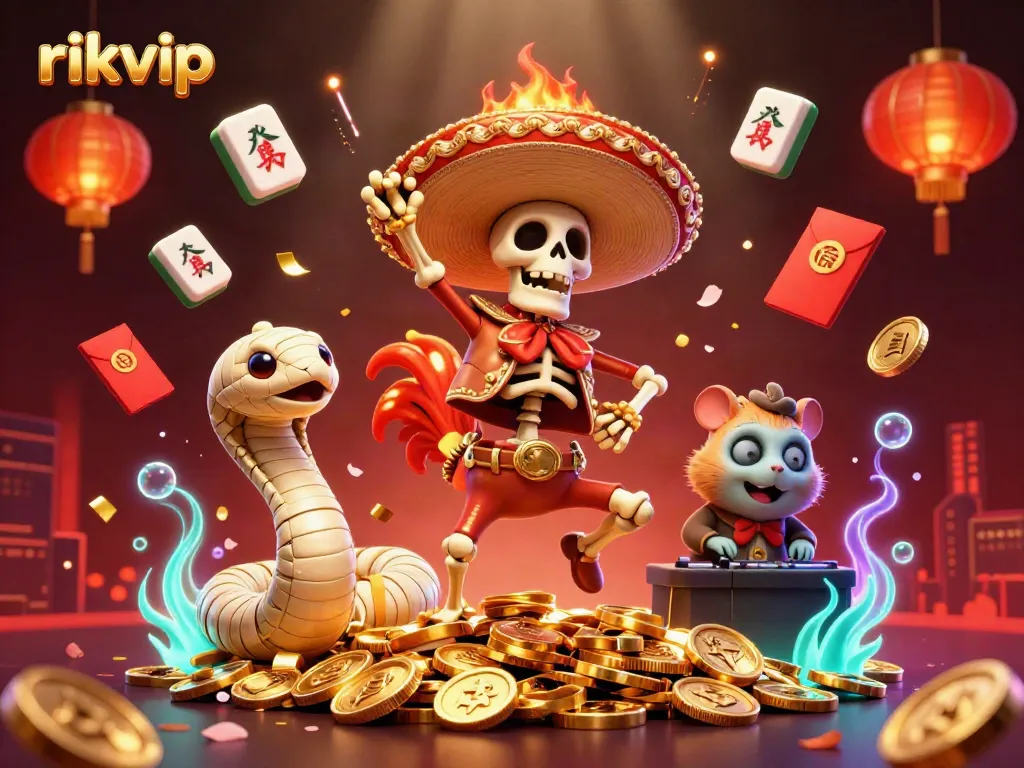 Experience a lively victory at rikvip with a mariachi rooster, mummy snake, and DJ hamster amidst vibrant casino elements.