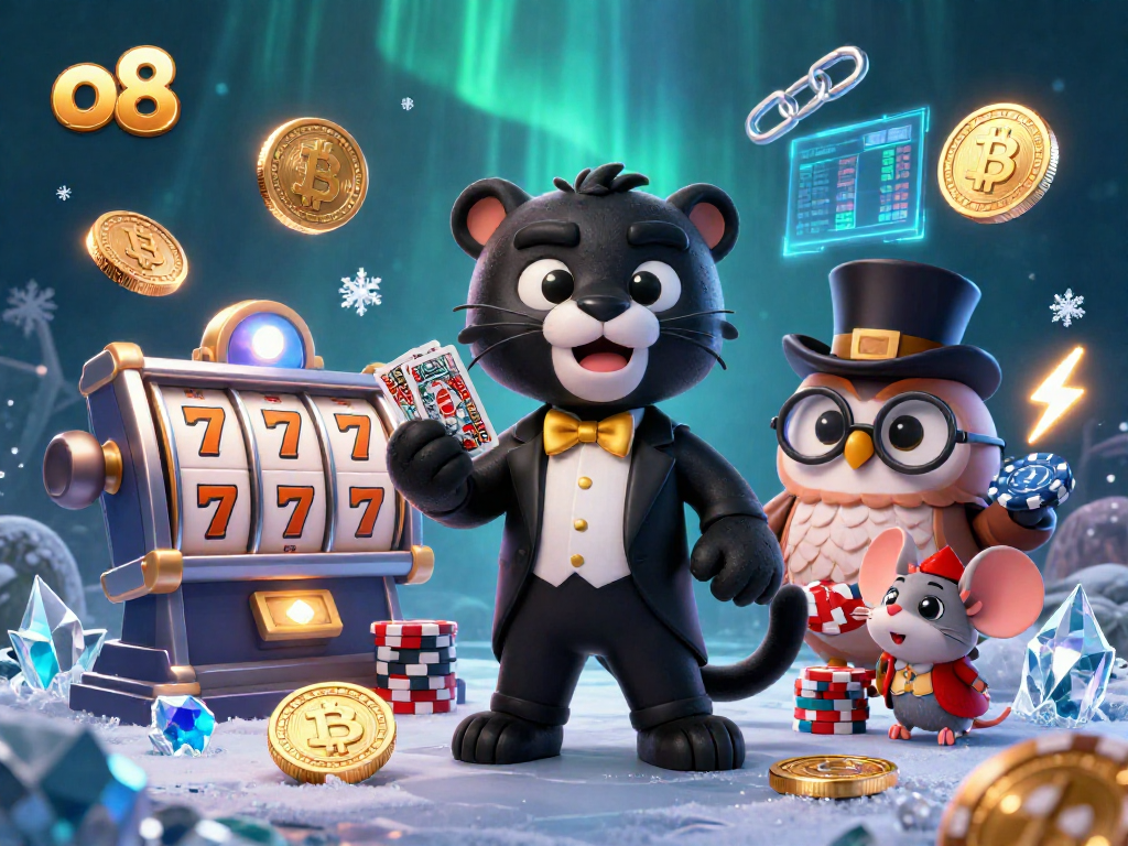 Engage in thrilling casino action at o8 as a panther deals cards surrounded by crypto coins and playful characters.
