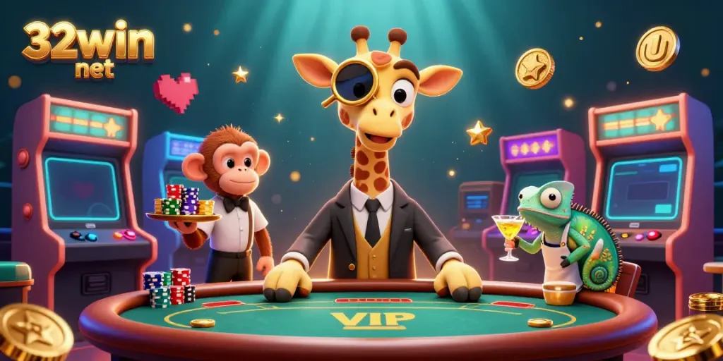 Engage with the vibrant scene of the 32win net casino featuring a high-roller giraffe and lively game elements.